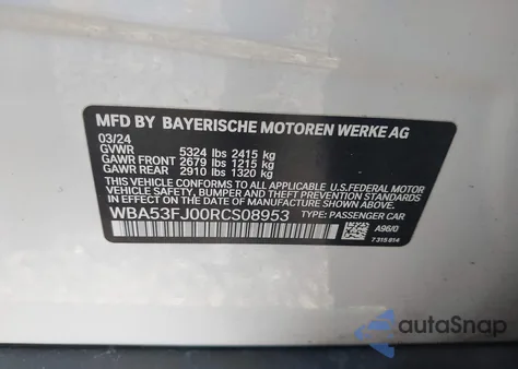 2024 BMW 530 I xDrive из США, поврежденный, VIN WBA53FJ00RCS08953